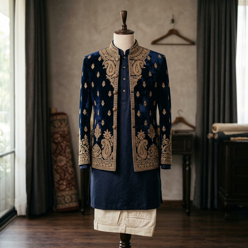 Raw Silk Kurta Pajama with Embroidered Jacket