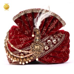 Royal Velvet Print Pagdi for Wedding Ceremonies Maroon - Image 1