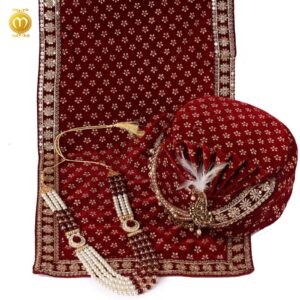 Maroon Velvet Print Pagdi Dupatta Mala Set - Image 1