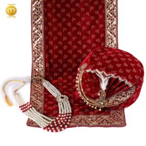 Maroon Velvet Print Pagdi Dupatta Mala Set - Image 1