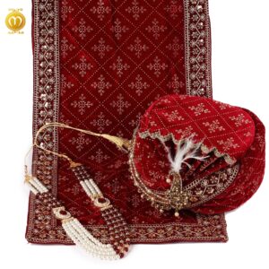 Maroon Velvet Print Pagdi Dupatta Mala Set - Image 1