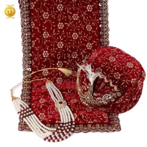 Maroon Velvet Print Pagdi Dupatta Mala Set - Image 4