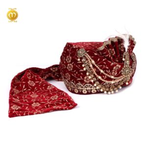 Maroon Velvet Print Pagdi Dupatta Mala Set - Image 2