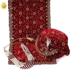 Maroon Velvet Print Pagdi Dupatta Mala Set - Image 1