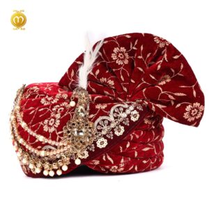 Royal Velvet Print Pagdi for Wedding Ceremonies Maroon - Image 1