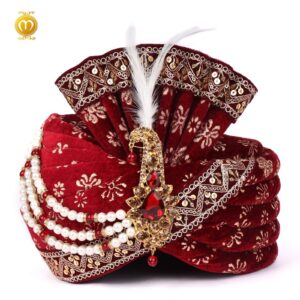 Royal Velvet Print Pagdi for Wedding Ceremonies Maroon - Image 1