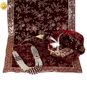 Maroon Velvet Print Pagdi Dupatta Mala Set - Image 1