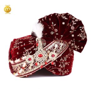 Maroon Velvet Print Pagdi Dupatta Mala Set - Image 4