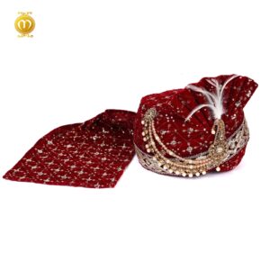 Maroon Velvet Embroidery Pagdi Dupatta Set - Image 3