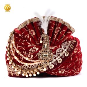 Maroon Velvet Print Pagdi Dupatta Mala Set - Image 6