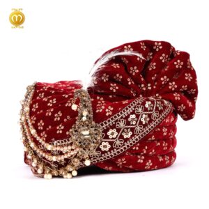 Royal Velvet Print Pagdi for Wedding Ceremonies Maroon - Image 1