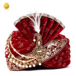 Royal Velvet Print Pagdi for Wedding Ceremonies Maroon - Image 1